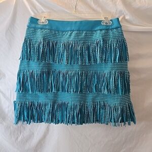 Sincerely Jules Faux Leather Studded Fringe Tiered Skirt Teal Y2K 90s Vibes Sz L